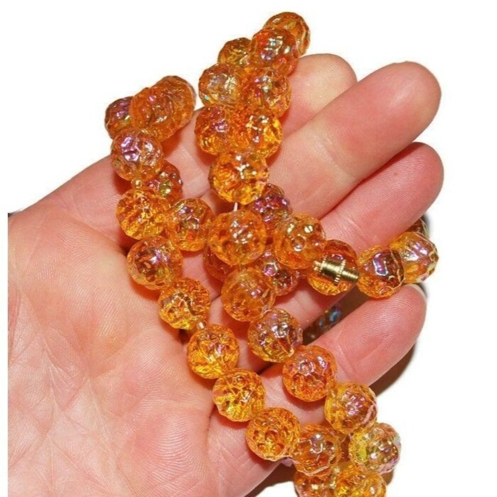 Orange Czech Glass Beaded Necklace Iridescent Textured Pressed Glass Vintage Jew - Picture 3 of 3